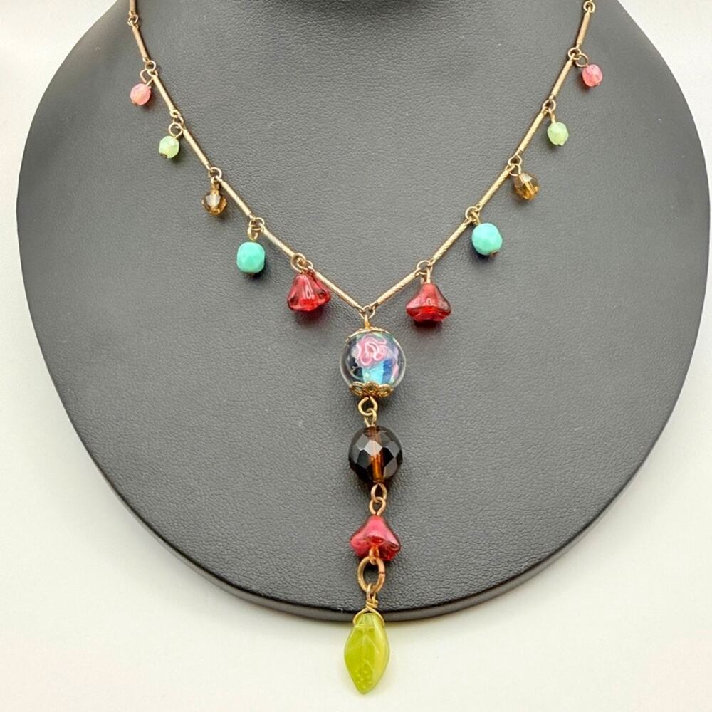 Vtg Cookie Lee Dainty Victorian Y-Drop Art Glass Filigree Bead Necklace 16"